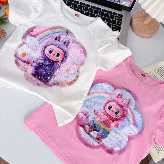 Wholesale New summer children' s clothing for girls,  double-sided color-changing sequined short-sleeved T-shirt with cartoon bottoming shirt