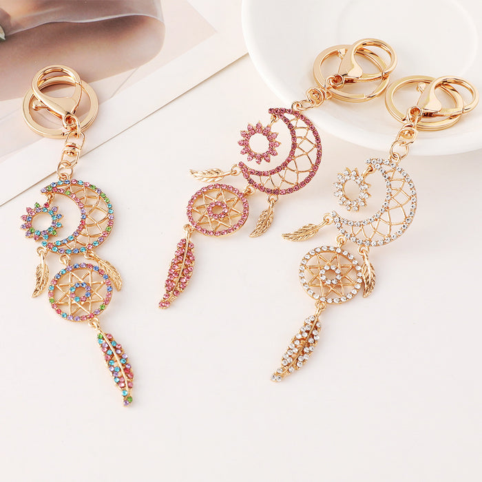Wholesale Rhinestone Moon Dream Catcher Keychain Bag Charm Alloy Pink Car Accessory Gift MOQ≥2