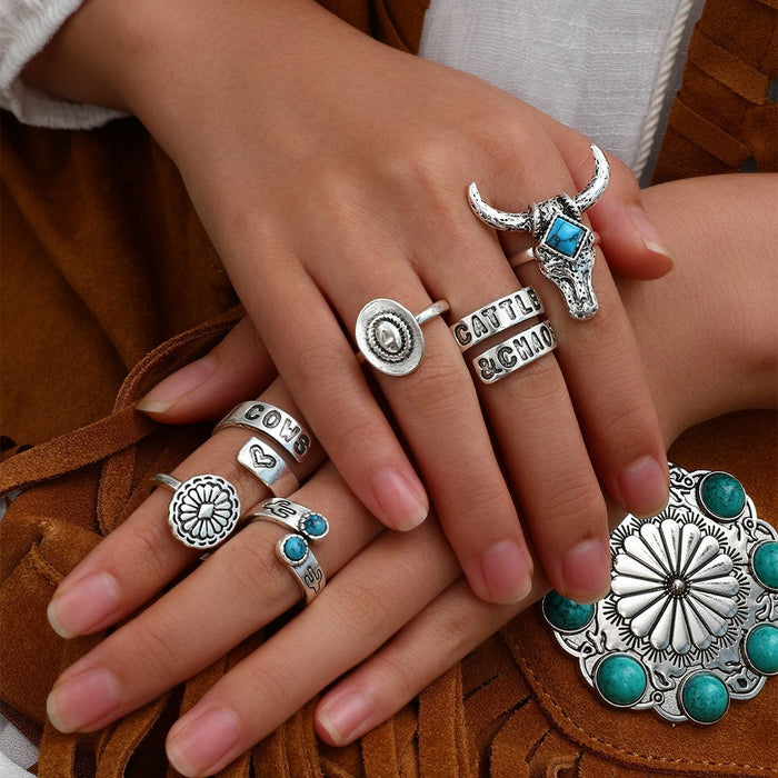 Wholesale Western cowboy retro style turquoise ancient silver arrow feather horse ring multi-element imitation gemstone ring for women