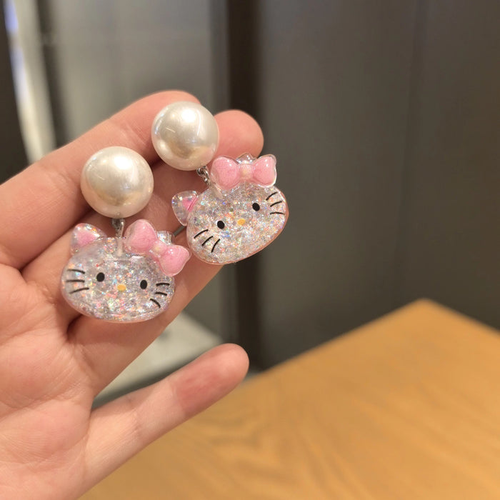 Wholesale Fashion Pearl Sequin Cat  Design 925 Silver Needle Earrings
