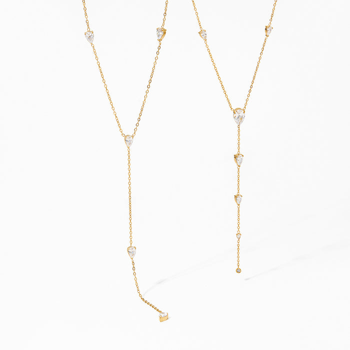 Wholesale Stainless Steel Y Shaped Necklace Gold Zircon Drop Tassel Fashion Jewelry Accessory