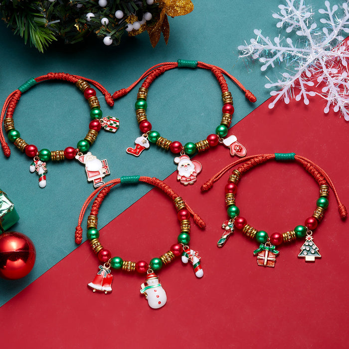 Wholesale Christmas Snowman Bell Cane Beaded Bracelet Handmade Alloy Adjustable Jewelry Accessory