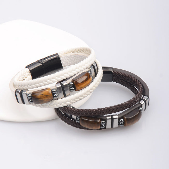 Wholesale tiger eye stone leather bracelet stainless steel bracelet multi-layer leather jewelry Amazon men' s bracelet