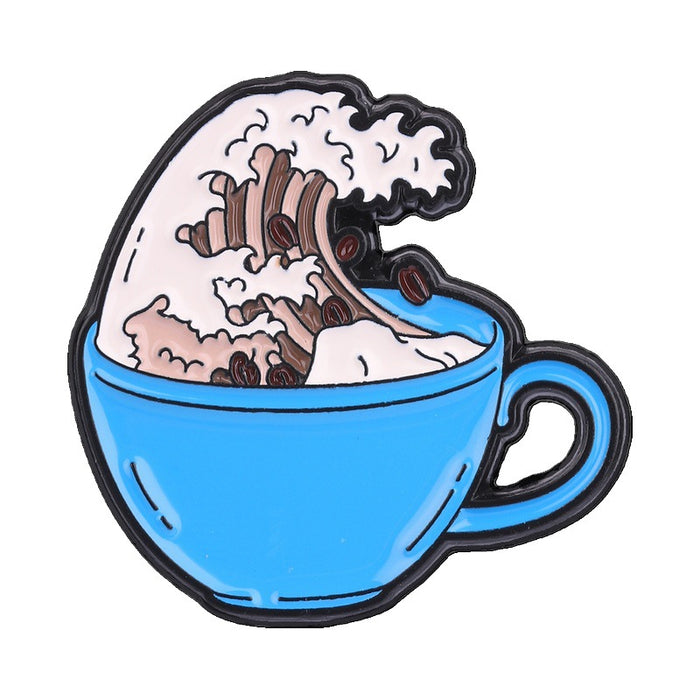 Wholesale Trendy Kanagawa Wave Coffee Cup Brooch Zinc Alloy Badge Bag Accessory