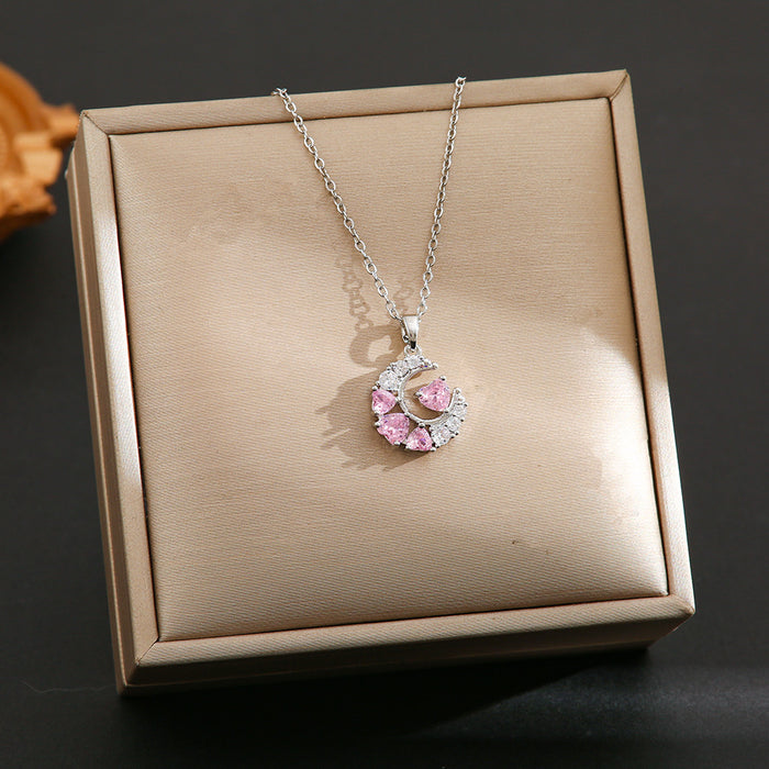 Wholesale Pink zircon silver titanium steel necklace