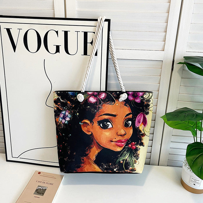 Wholesale Outdoor practical versatile retro canvas bag cartoon print portable beach bag large capacity