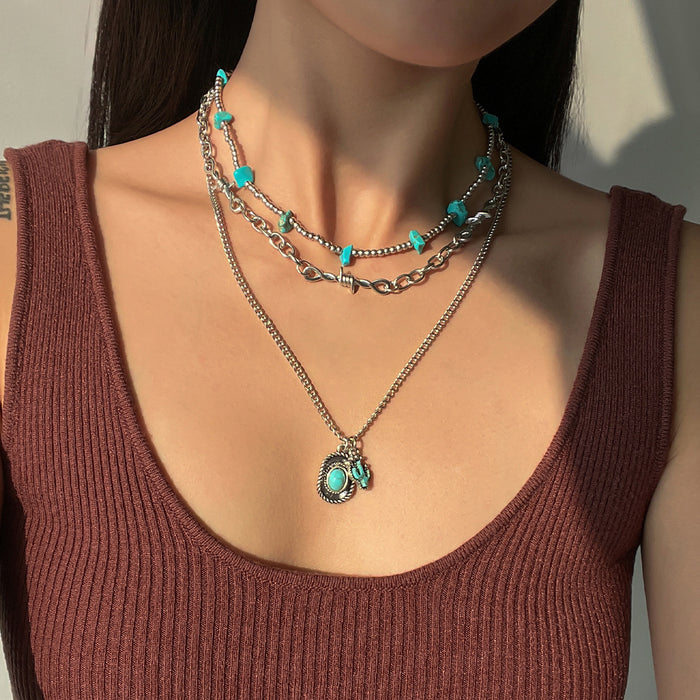 Wholesale Vintage personalized imitation turquoise collarbone chain bead necklace set accessories