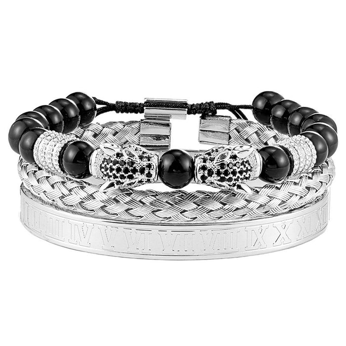 Wholesale Leopard Head Braided Bracelet Stainless Steel Roman Number Bracelet Vintage Style Three Piece Set