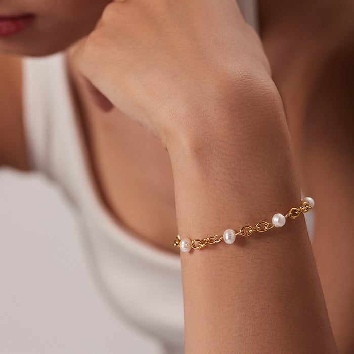 Wholesale Stainless Steel 18K Gold Plated 6 Natural Freshwater Pearl Chain Bracelet