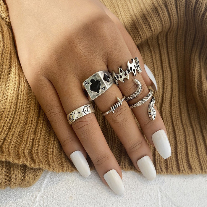 Wholesale Dark Retro Creative Spades a Card Ring Five-Piece Set Women' s Personalized Hand Accessories National Show Aliexpress Hot Selling