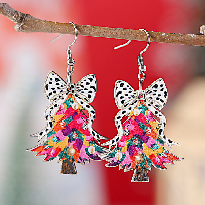 Wholesale Christmas cow print bow Christmas tree drop earrings