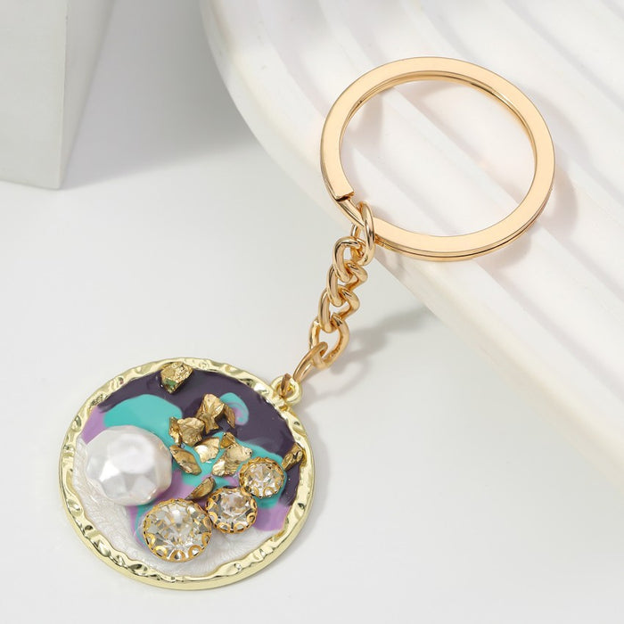 Wholesale Alloy Round Plate Inlaid Diamond Pearl Keychain JDC-KC-RongRui067