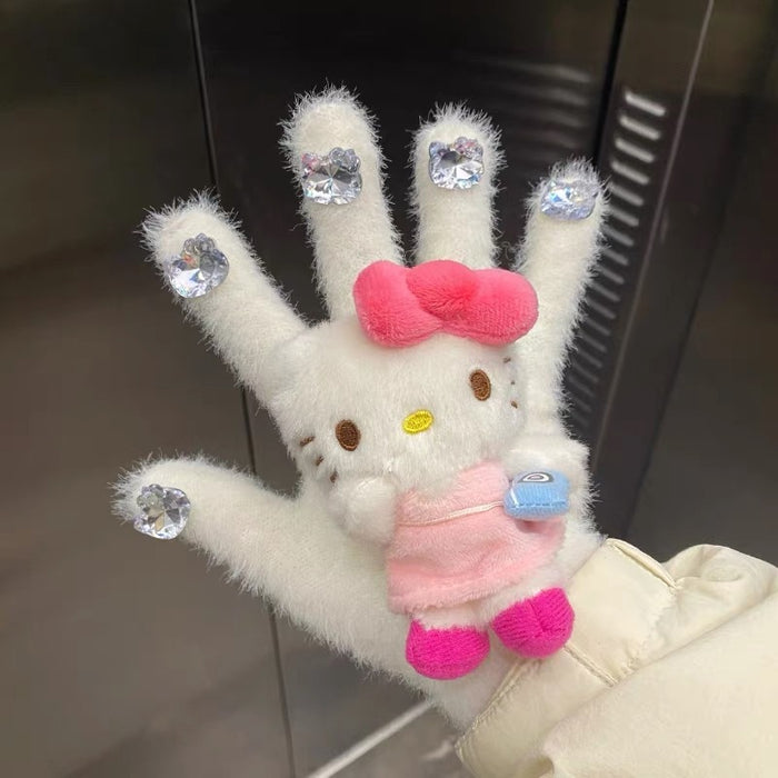 Wholesale rhinestone cute plush gloves autumn and winter girl warm knitted five-finger gloves