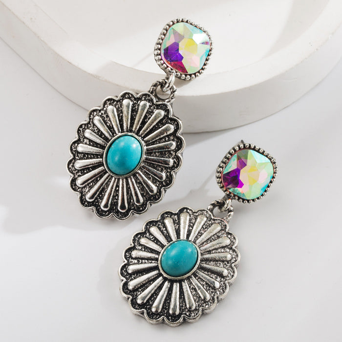 Wholesale Diamond-encrusted Turquoise Water Drop Cross Earrings Retro Creative Distinctive Exaggerated Earrings for Women