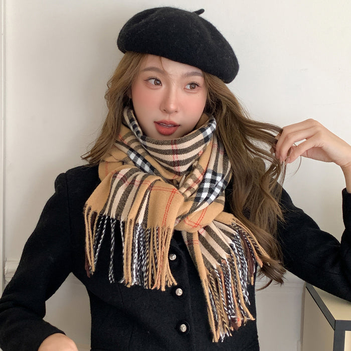 Wholesale  Winter Classic Plaid Faux Cashmere  Tassel Shawl