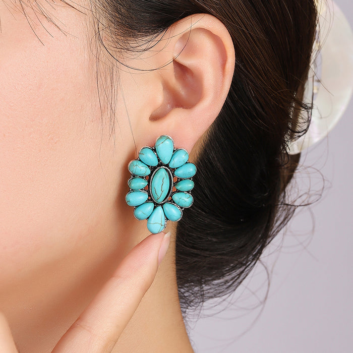 Wholesale Fashionable new alloy turquoise oil painting earrings with geometric flowers, exaggerated earrings, personalized and creative earrings
