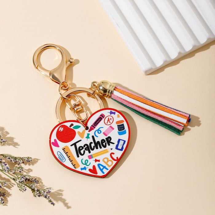 Wholesale Graduation Season Teacher Rainbow Wooden Sign Tassel Keychain JDC-KC-WoD003