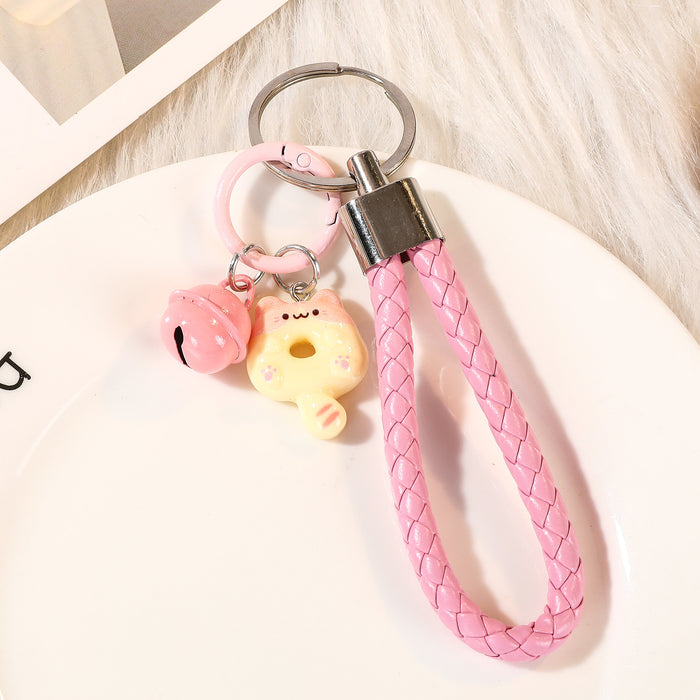 Wholesale Cute Cat Keychain With Resin Donut And Bell Pink Leather Rope Bag Charm And Car Key Accessory