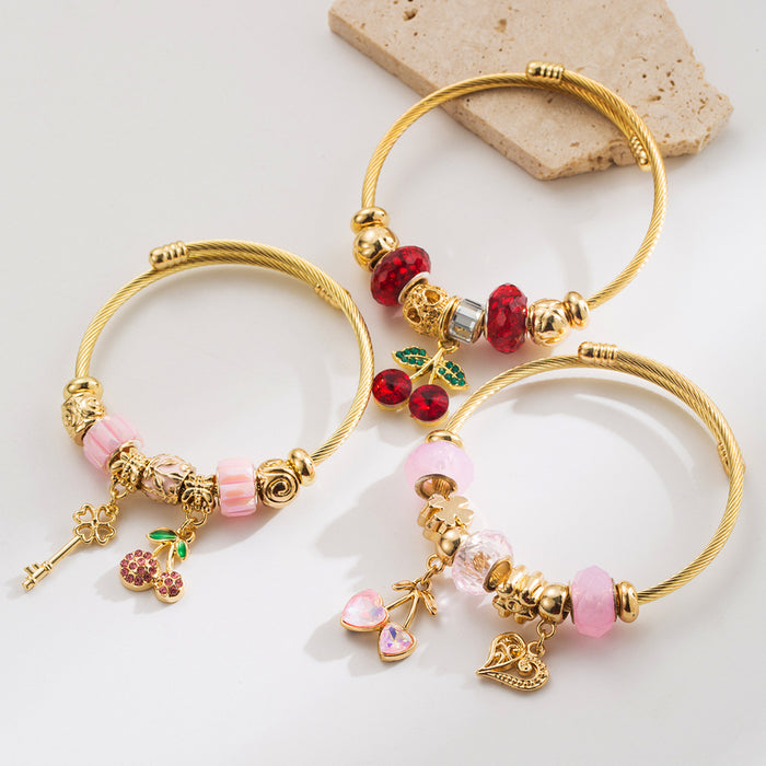 Wholesale Cherry heart key pendant stainless steel diamond-encrusted adjustable bracelet