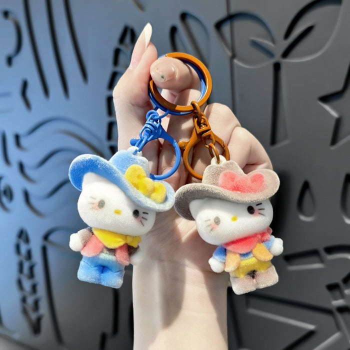 Wholesale Flocked Denim Cat Keychain Cute Bag Charm for Backpack MOQ≥2