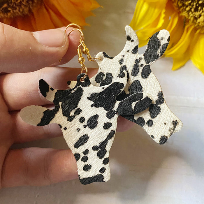 Wholesale Western retro earrings cow' s head leopard dairy cow print genuine leather horse hair denim earrings