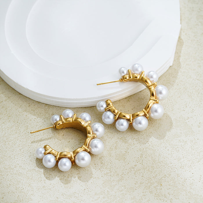 Wholesale Pearl Circle Stainless Steel Gold Plated Earrings