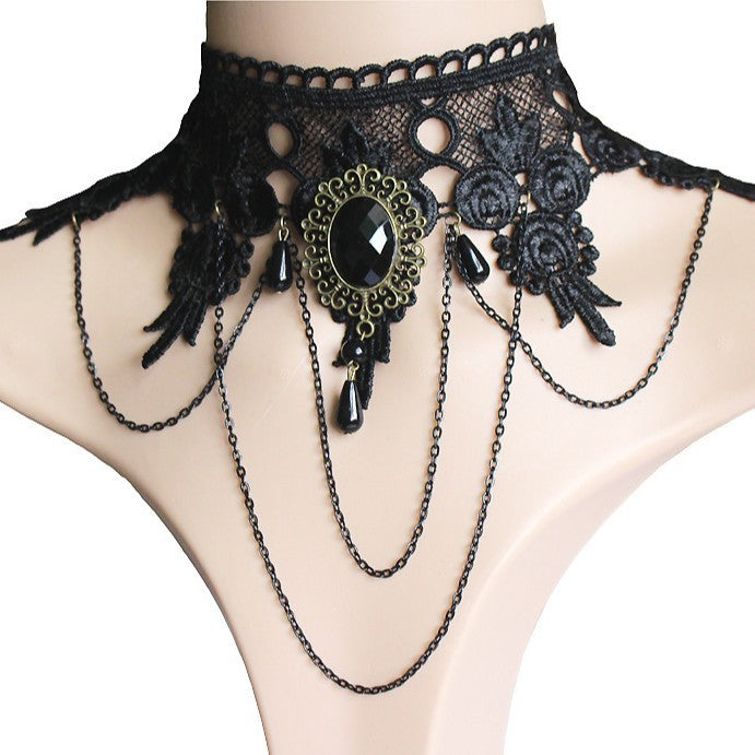 Wholesale Party Queen Gemstone Wide Neck Ornament Black Lace Necklace Halloween