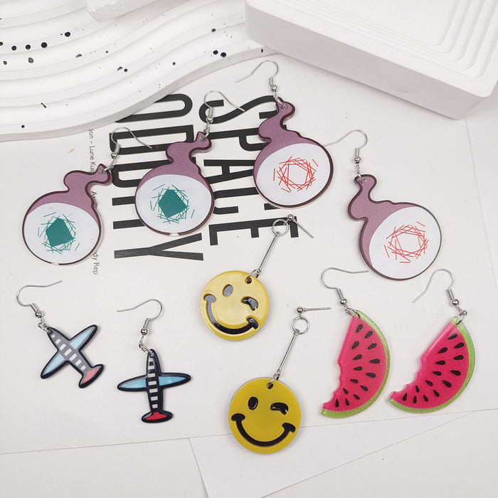 Wholesale Creative personality acrylic cartoon ground binding young flower earrings yellow smiley face colorful aircraft watermelon earrings