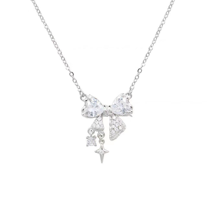 Wholesale Pink zircon bow necklace with a niche temperament, simple and luxurious necklace, vintage necklace