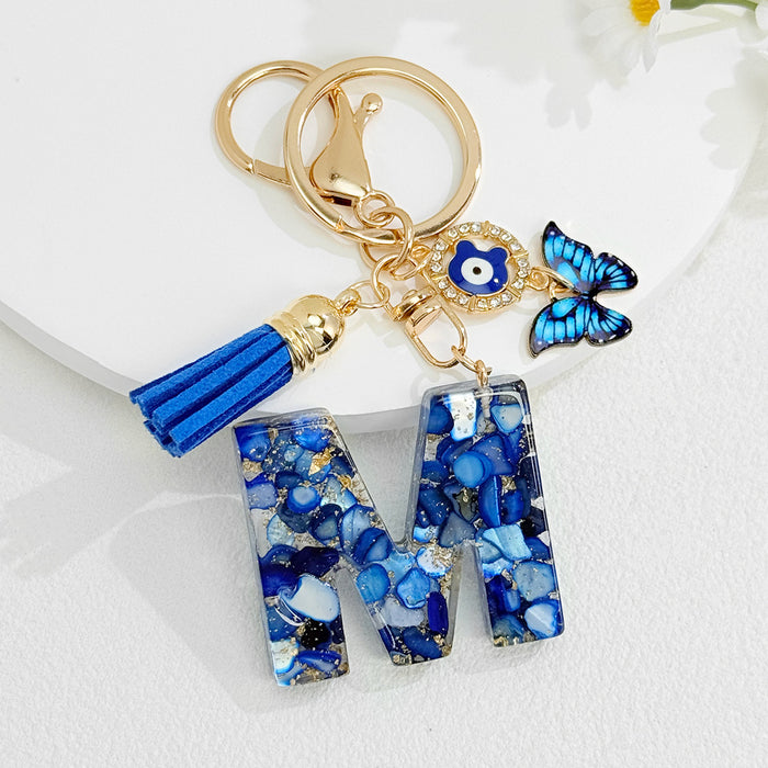 Wholesale Royal Blue 26 Letter Keychain with Evil Eye Butterfly Tassel Pendant