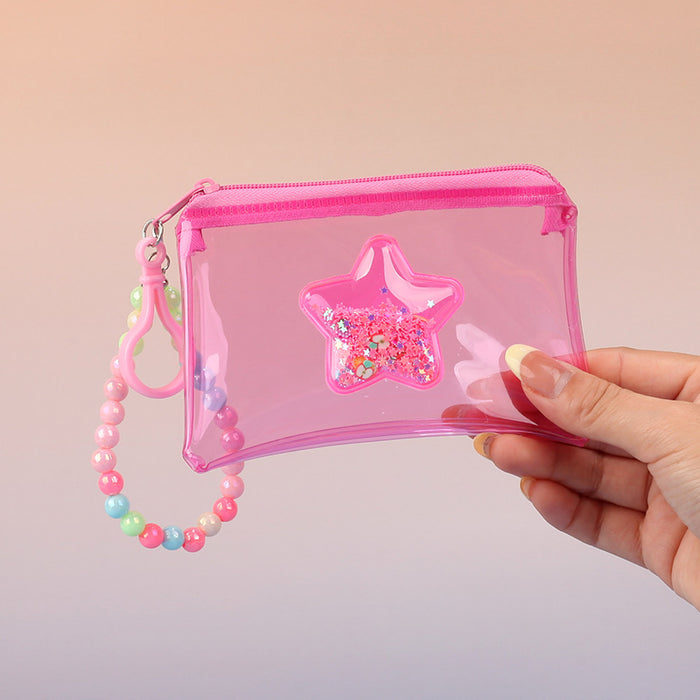 Wholesale PVC Star Macaroon Clear Zip Coin Purse Pink Bead Chain Multi Use Card Holder Earphone Bag Trendy