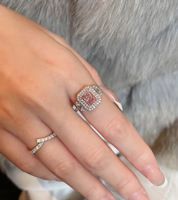 Wholesale Princess Powder Luxury Flash Diamond Pink Diamond Ring Super Flash Micro Set Square Pink Diamond Index Finger Jewelry