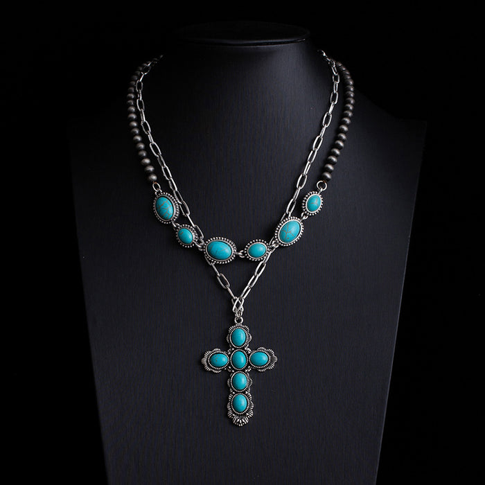 Wholesale Retro ethnic style turquoise necklace Western cowboy style stacking necklace high-end Bohemian sweater chain