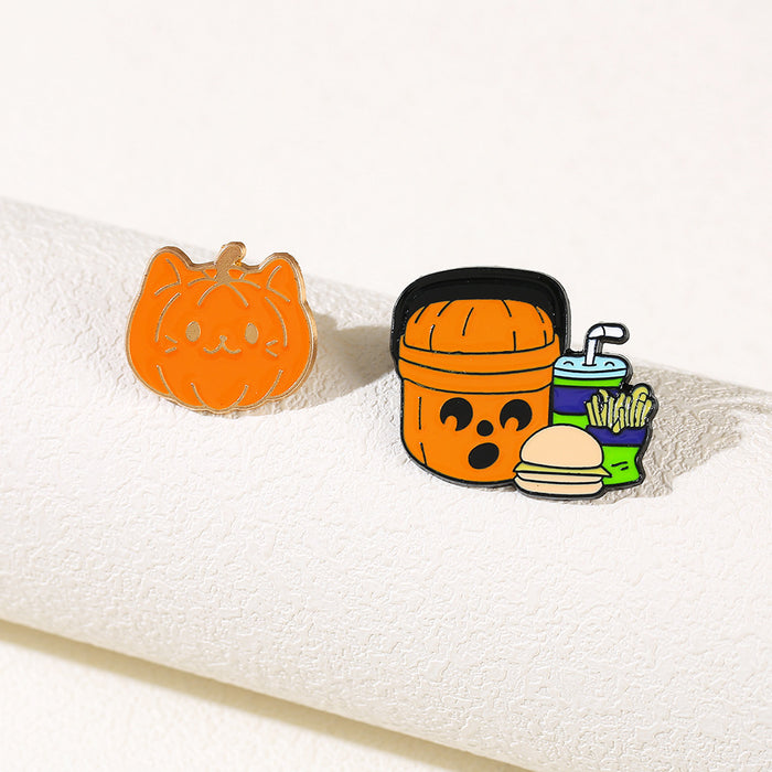 Wholesale  Cat Brooch With Pumpkin And Fries Metal Funny Animal Pin Trendy Jewelry Accessory For Gift And Boutique Resale