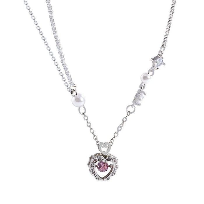 Wholesale Light luxury pearl heart-shaped zircon titanium steel necklace, versatile and high-end, collarbone chain splicing necklace