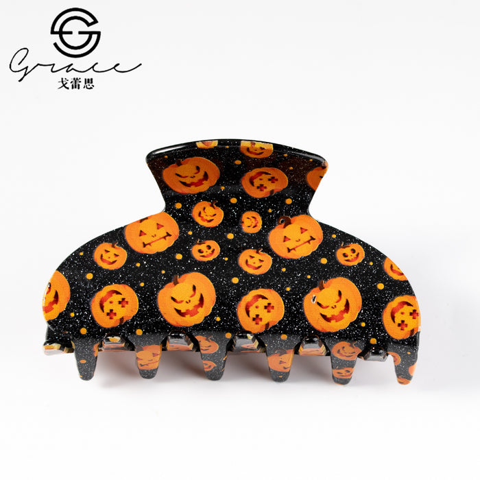 Wholesale Acrylic Claw Hair Clip With Bat Pumpkin Ghost Print Women S Fashion Accessory