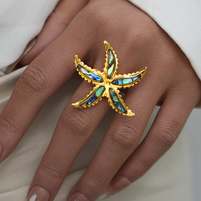 Wholesale Jewelry Stainless Steel Dripping Oil Sea Star Open Ring, Light Luxury, High Grade Handmade Decoration