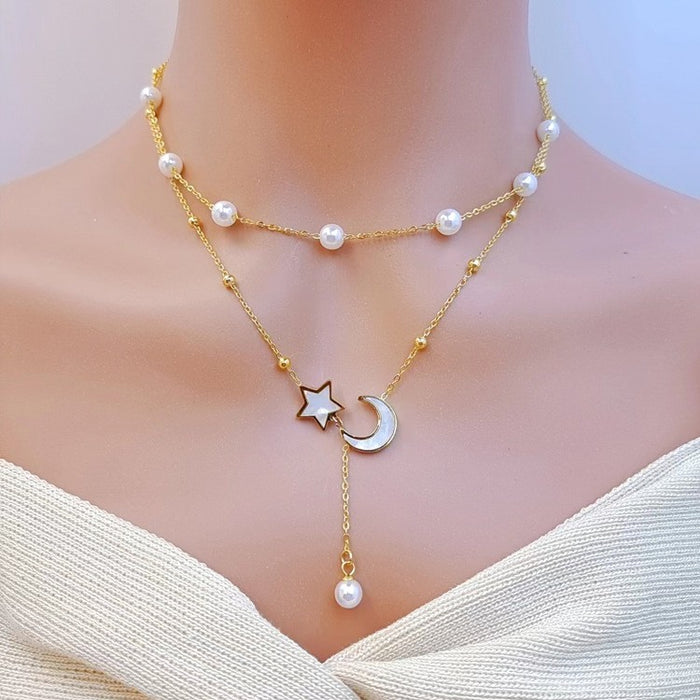 Wholesale Irregular Flower Star Pearl Double Layer Tassel Necklace JDC-NE-JinL004