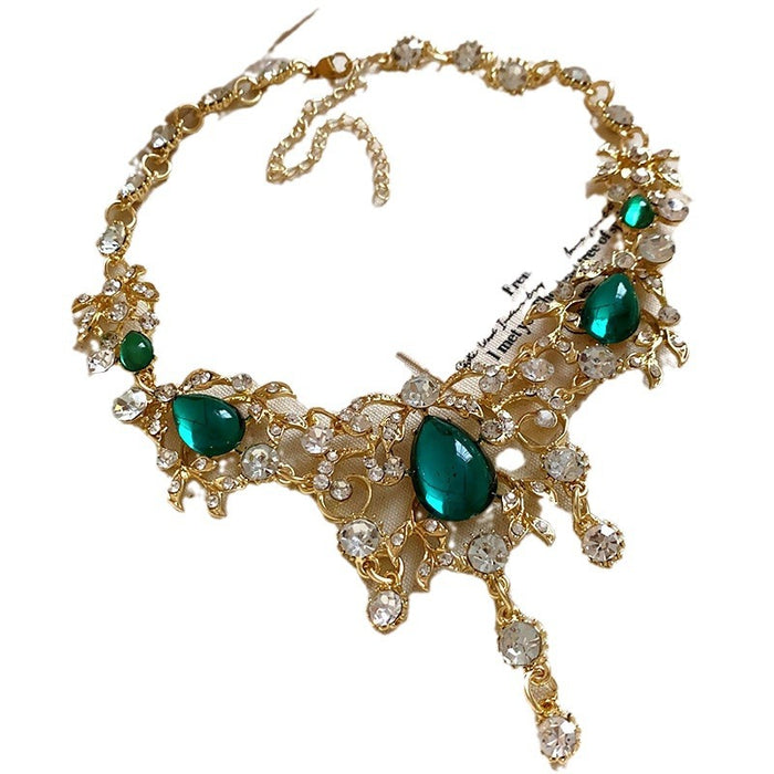 Wholesale Exaggerated Diamond Set Leaves Water Drop Pendant Necklace