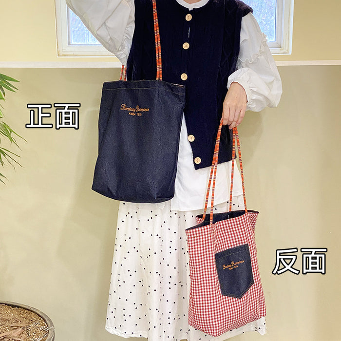 Wholesale Double sided denim shoulder bag, fashionable large capacity hand-held canvas bag, retro tote bag