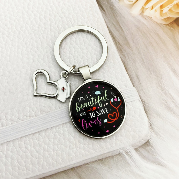 Wholesale Nurses Day Color Printed Time Gemstone Alloy Keychain JDC-KC-HengX029