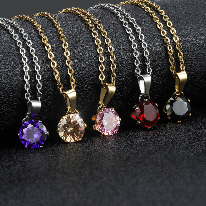 Wholesale Popular multi-color zircon stainless steel necklace, violet gemstone titanium steel necklace, fashionable pendant set