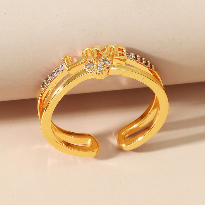 Wholesale Simple and stylish hollow diamond inlaid ring with heart-shaped round diamond zircon ring splicing