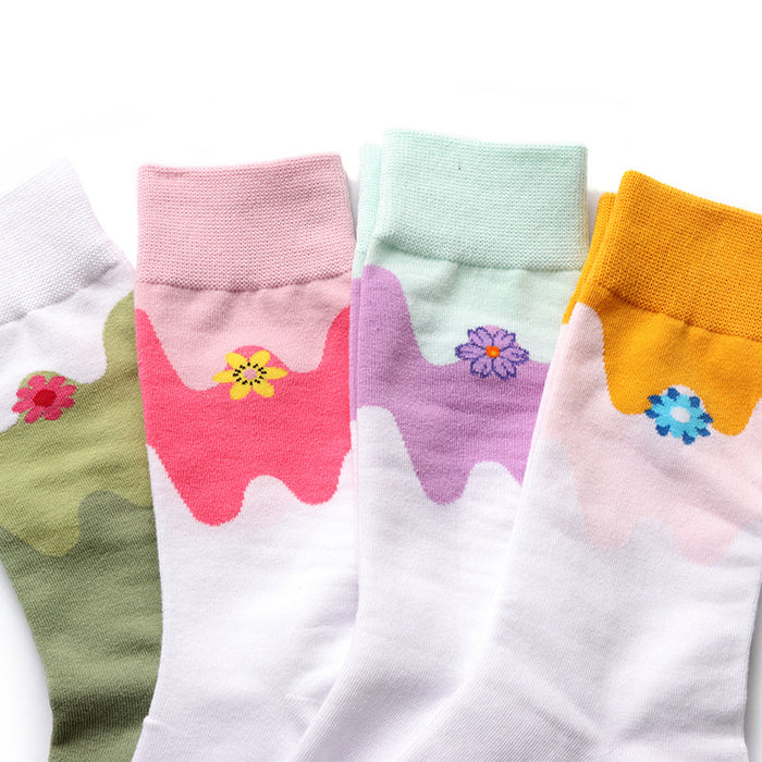 Wholesale Color blocked design with a minimalist mid tube cotton socks, fresh and thin women's socks