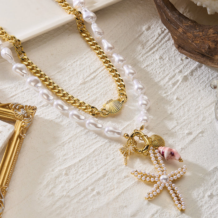 Wholesale Trendy Ocean- Layered Necklace Alloy Starfish and Shell Pendant Choker