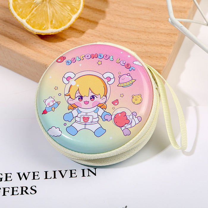 Wholesale Creative Round Tinplate Coin Purse Mini Cartoon Zipper Data Cable Storage Bag Headset Keychain Small Wallet