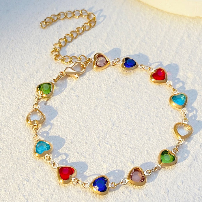 Wholesale Colorful heart-shaped zircon bracelet, temperament alloy heart-shaped dopamine bracelet