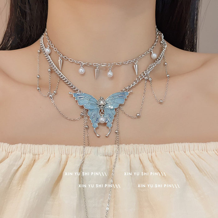 Wholesale Butterfly tassel necklace, heavy-duty necklaces, punk retro necklaces, neckband accessories