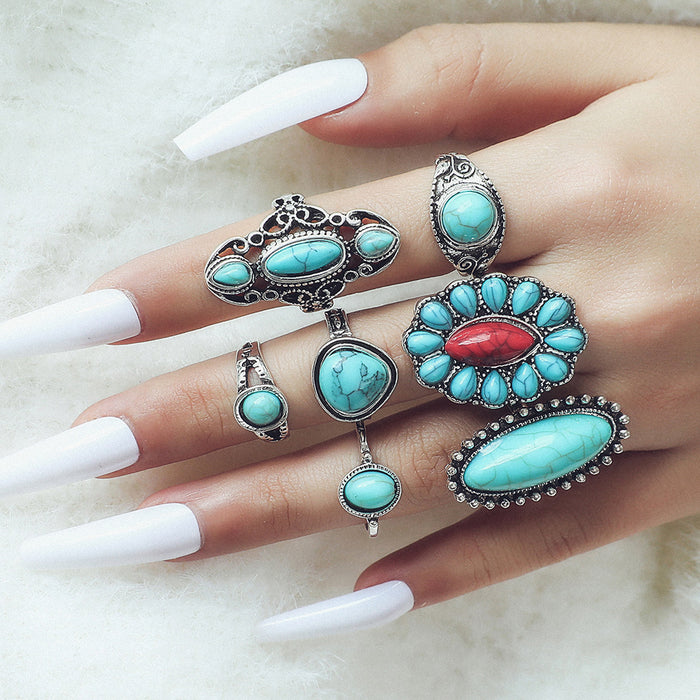 Wholesale Ethnic Style Retro Turquoise Carved Feather Ring Fashionable and Personalized 8-Piece Combination Ring Set