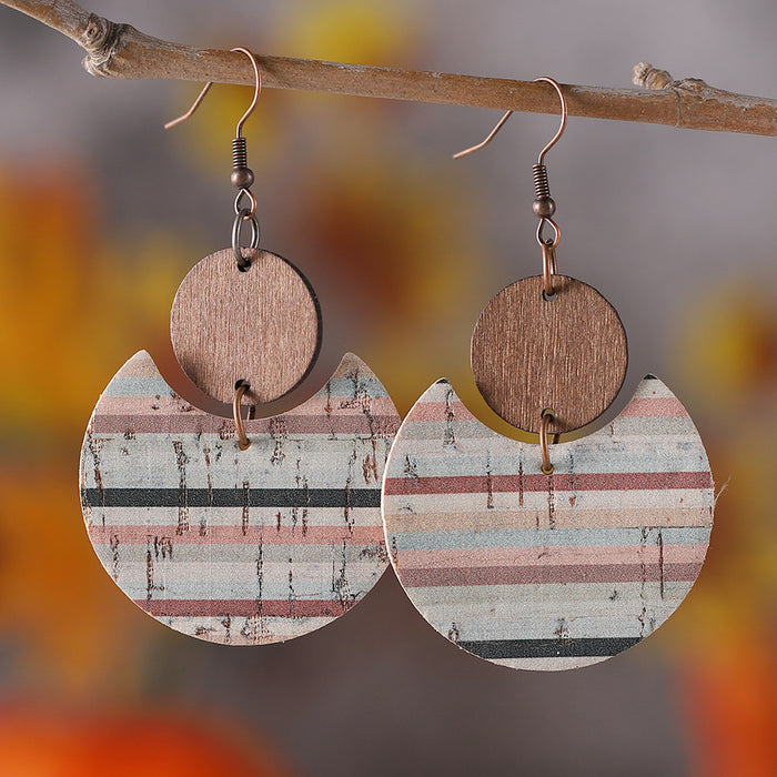 Wholesale Bohemian distressed floral and leaf-printed leather and wood ing pendant earrings double-sided earrings